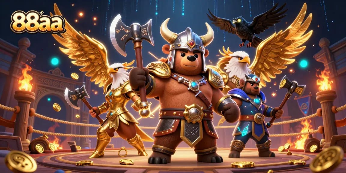 Experience thrilling gameplay at 88aa with a vibrant 3D illustration showcasing dynamic casino characters and elements.