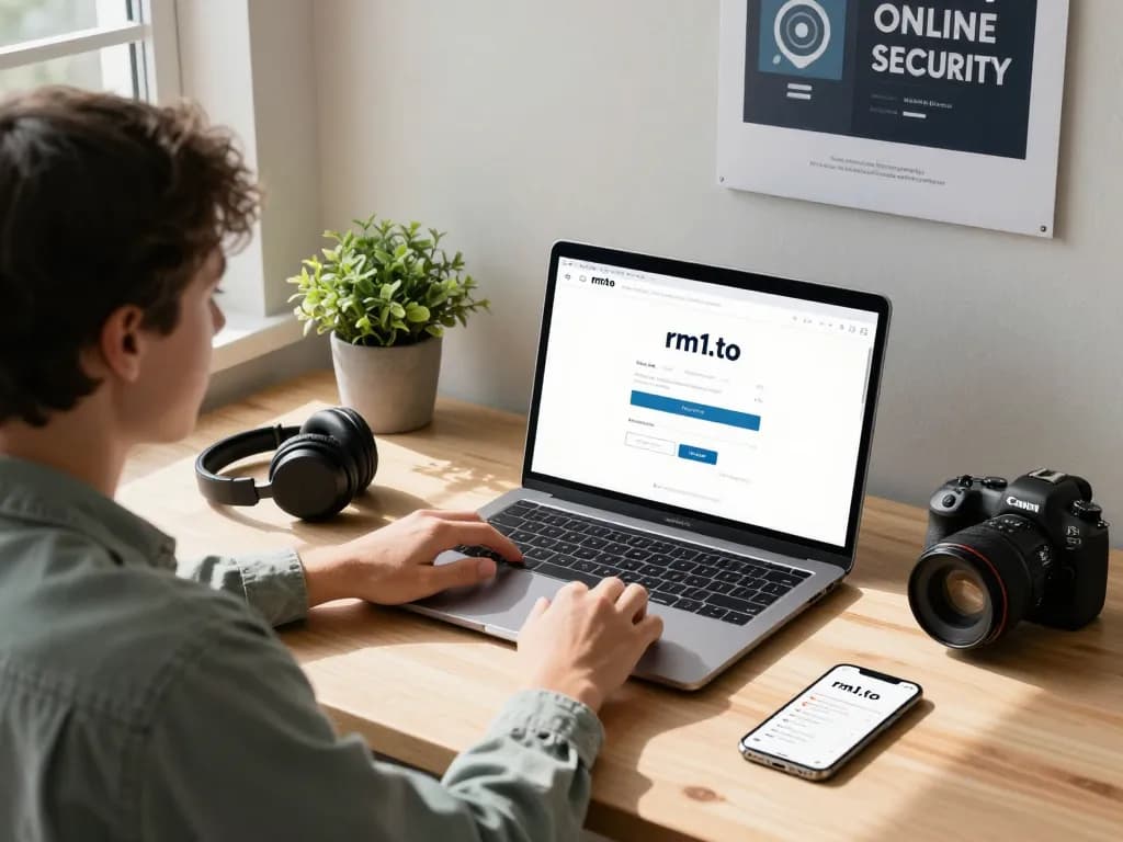 Secure user logging into rm1.to platform at modern workspace, emphasizing online safety.