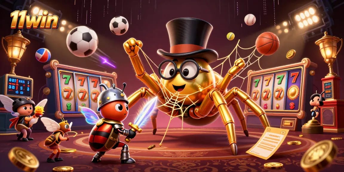 Engage with 11win's captivating gaming scene featuring a whimsical tarantula and beetle knight.
