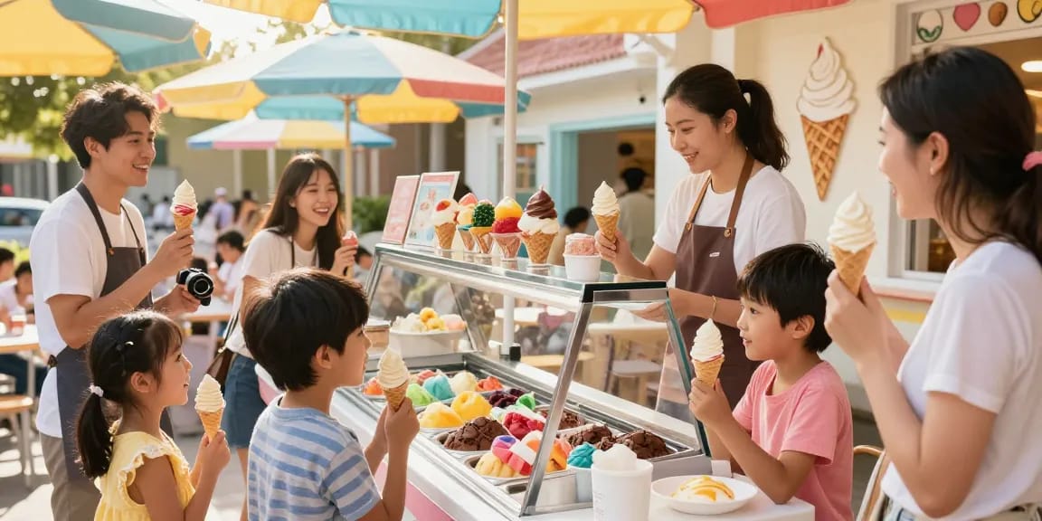 Delightful family enjoying exotic ice cream at ROKOK88, highlighting rokok88 slot flavors.