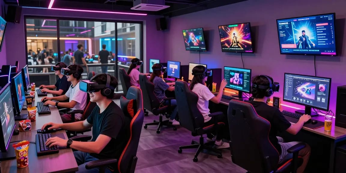 Engaging scene of gamers enjoying nsfw ai experiences in a modern lounge.