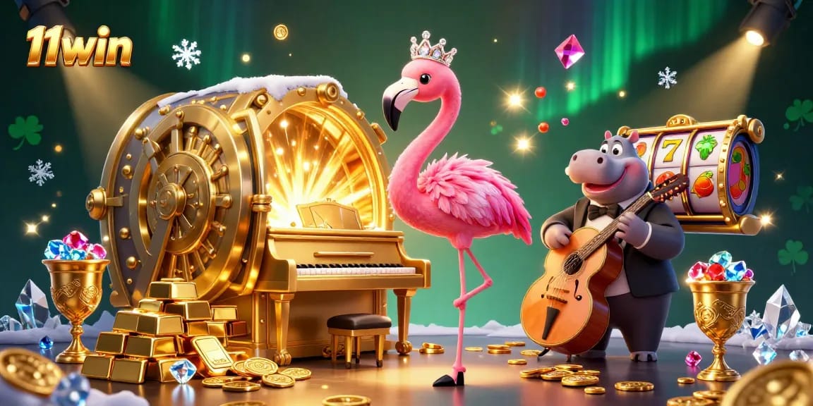 Experience the excitement of 11win with vibrant casino elements and characters in this dynamic illustration.