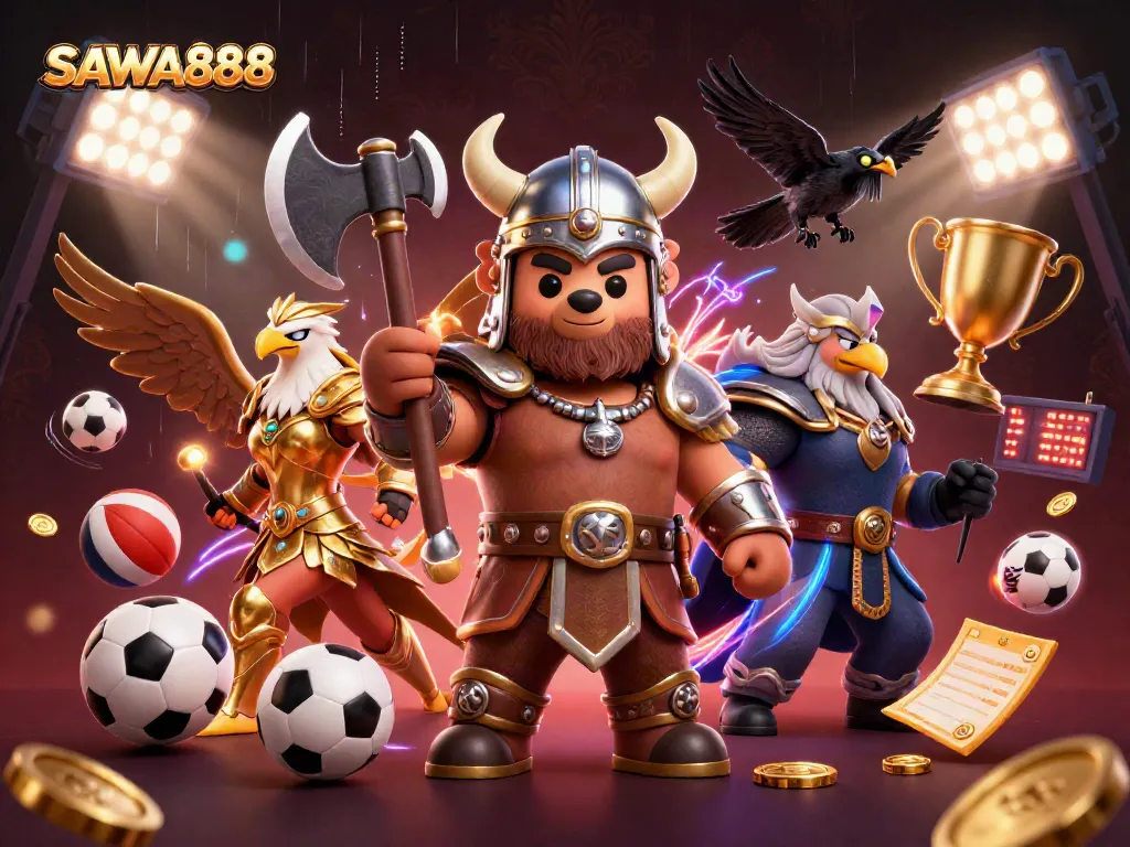 SAWA888 captures the excitement of gambling with a Viking bear and Valkyrie eagle amidst sports elements.