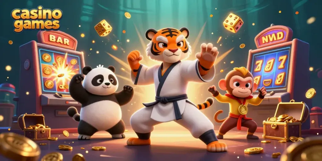 Dynamic scene of casino games with cartoon characters, featuring slots and jackpot elements.