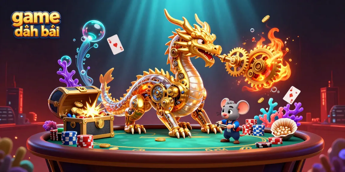 Engaging game đánh bài scene featuring a golden dragon, poker elements, and bioluminescent underwater treasures.