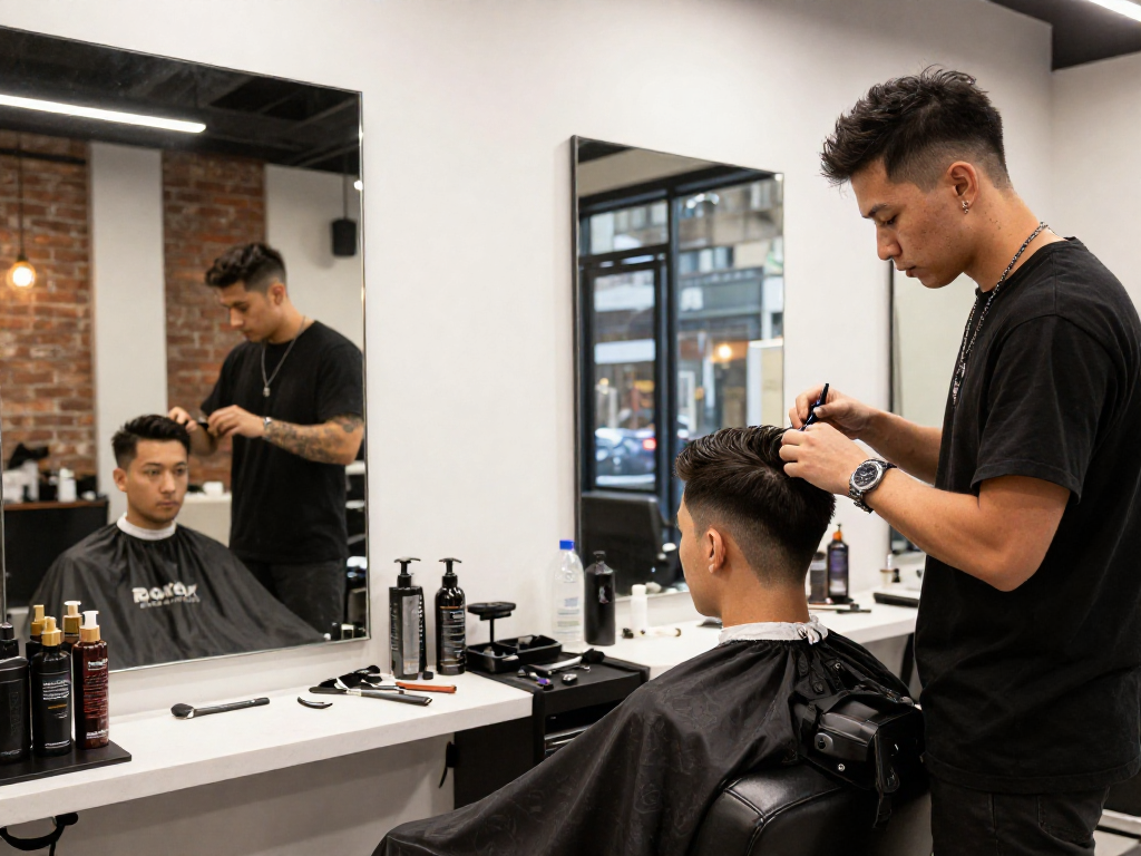 rokok88 login experience with stylish barber cutting hair in a modern shop setting
