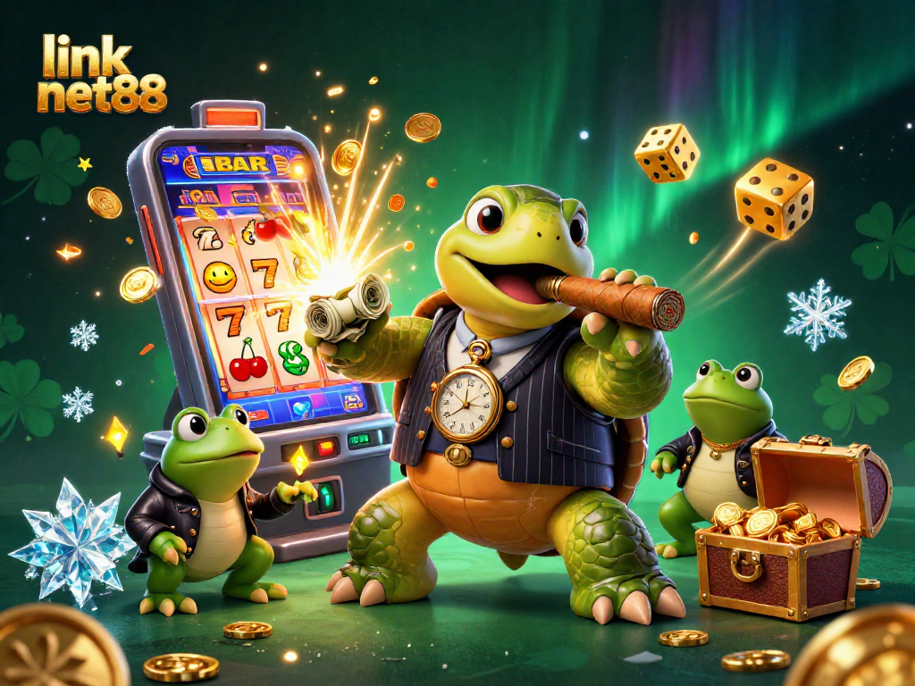 Join the fun at link net88, with a cartoon turtle in a casino scene bursting with excitement.