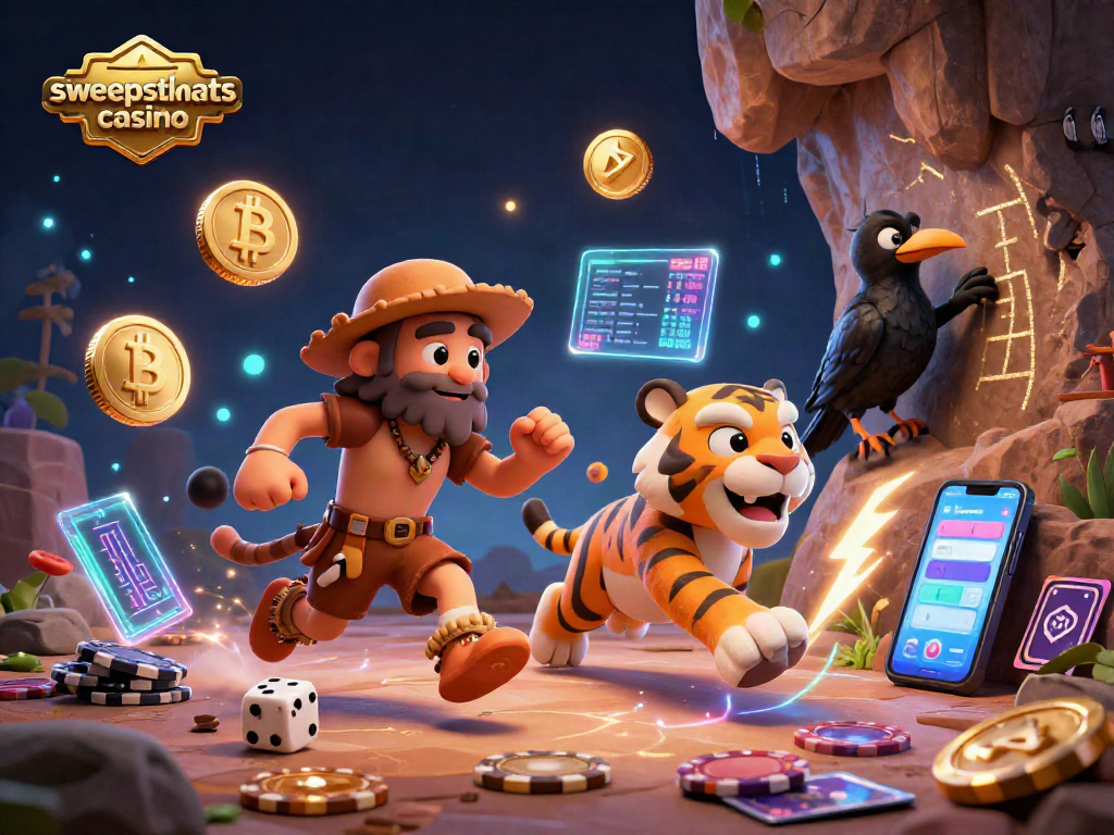 Engage in sweepstakes casino action with a fun prehistoric setup featuring a caveman, tiger, and crow.