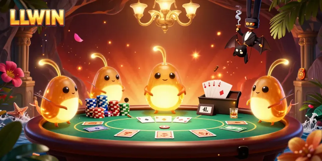 Experience LLWIN's vibrant cave casino ambiance filled with colorful poker chips and glowworms.