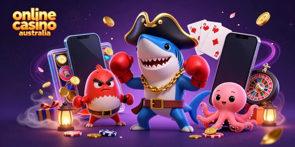 Engage in vibrant gaming excitement at online casino Australia with a colorful 3D scene showcasing a cartoon pirate shark, a pufferfish, and an octopus.