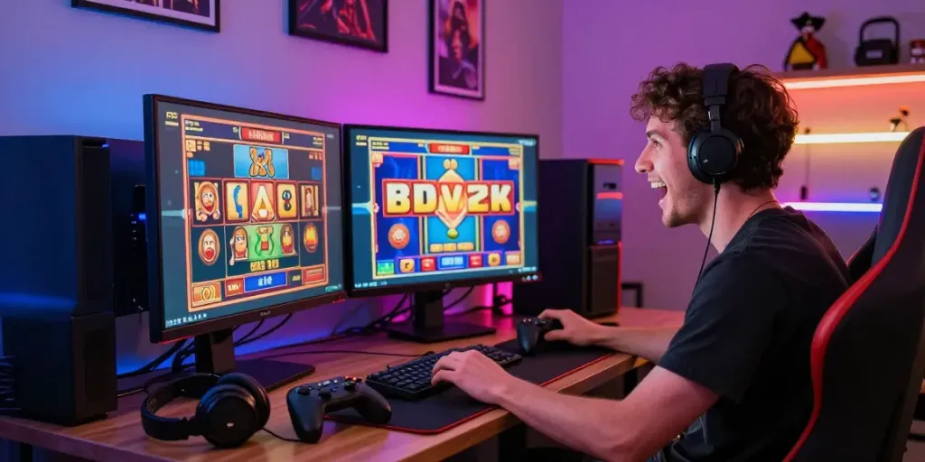 Player celebrating a big win on situs slot with colorful game interfaces and modern gaming setup.