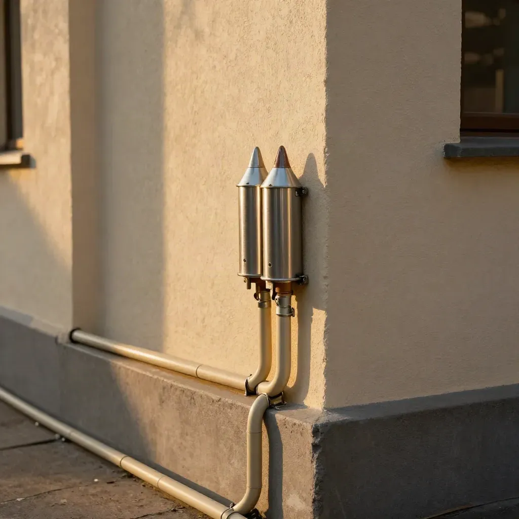 Stucco corner with bullet CCTV cameras, conduit, and sealed junction boxes in warm sun
