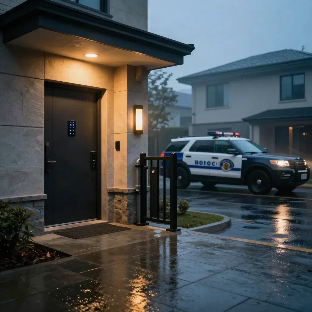 Rain-dark townhouse entry with sensors, maglock gate, and patrol SUV at blue hour.