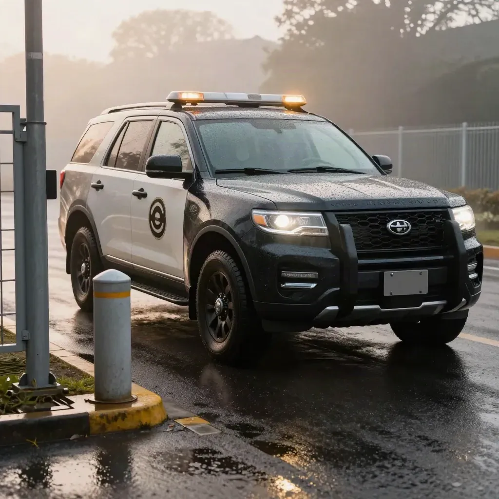 Dark patrol SUV beside a gated lot entrance with wet reflections and a glowing roof beacon.