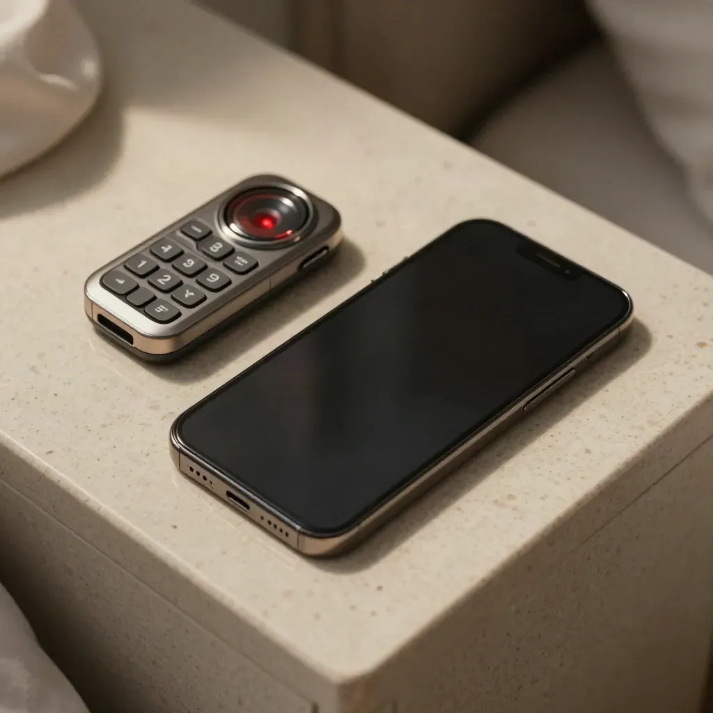 Face-down phone, panic fob, charger, and emergency beacon on travertine bedside console