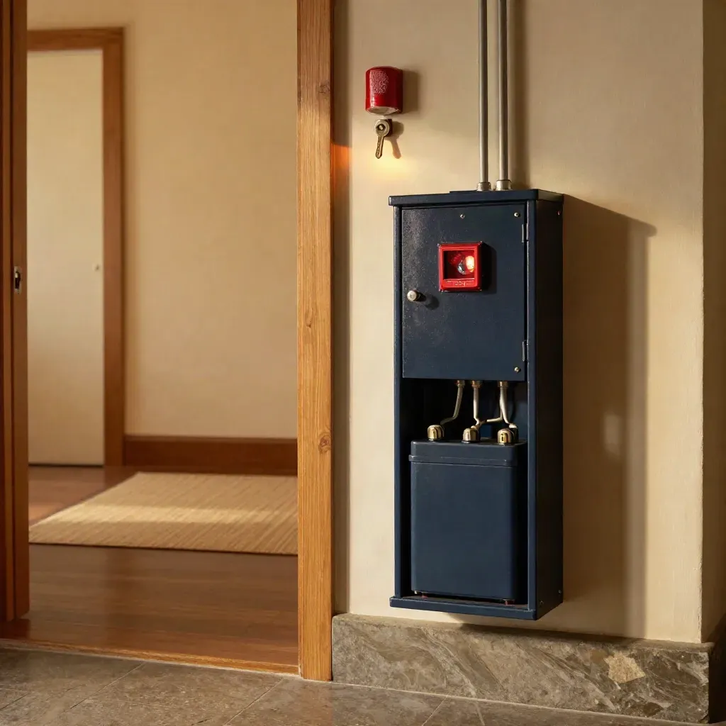 Alarm panel enclosure, backup battery, and red strobe glowing in a quiet entry hall