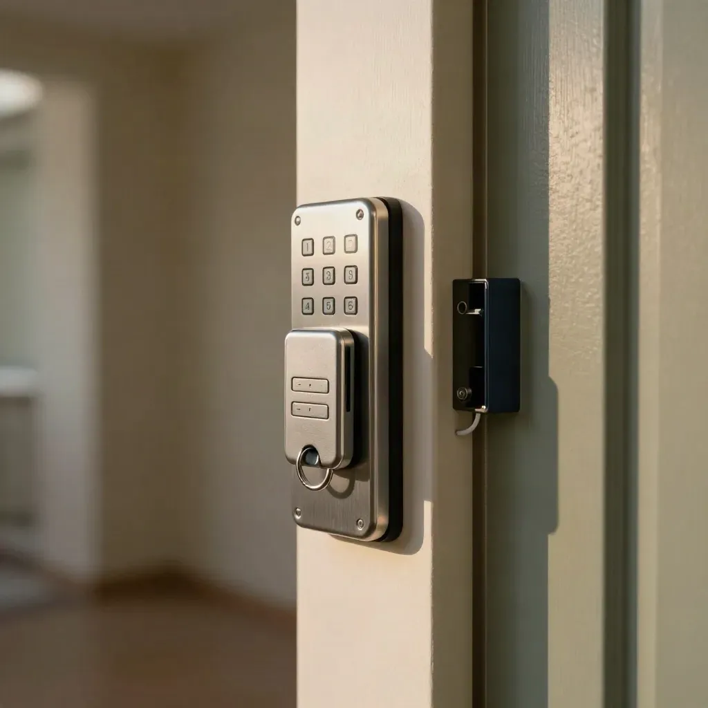 Access control hardware installed on a doorway in a quiet corridor, lit by soft daylight.
