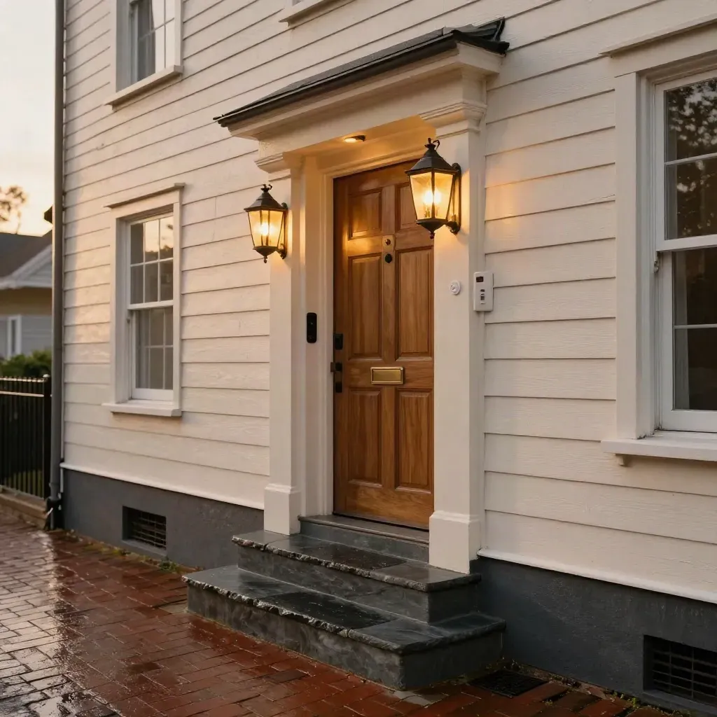 Restored townhouse entry with sensor hardware, porch light, and wet stoop after rain