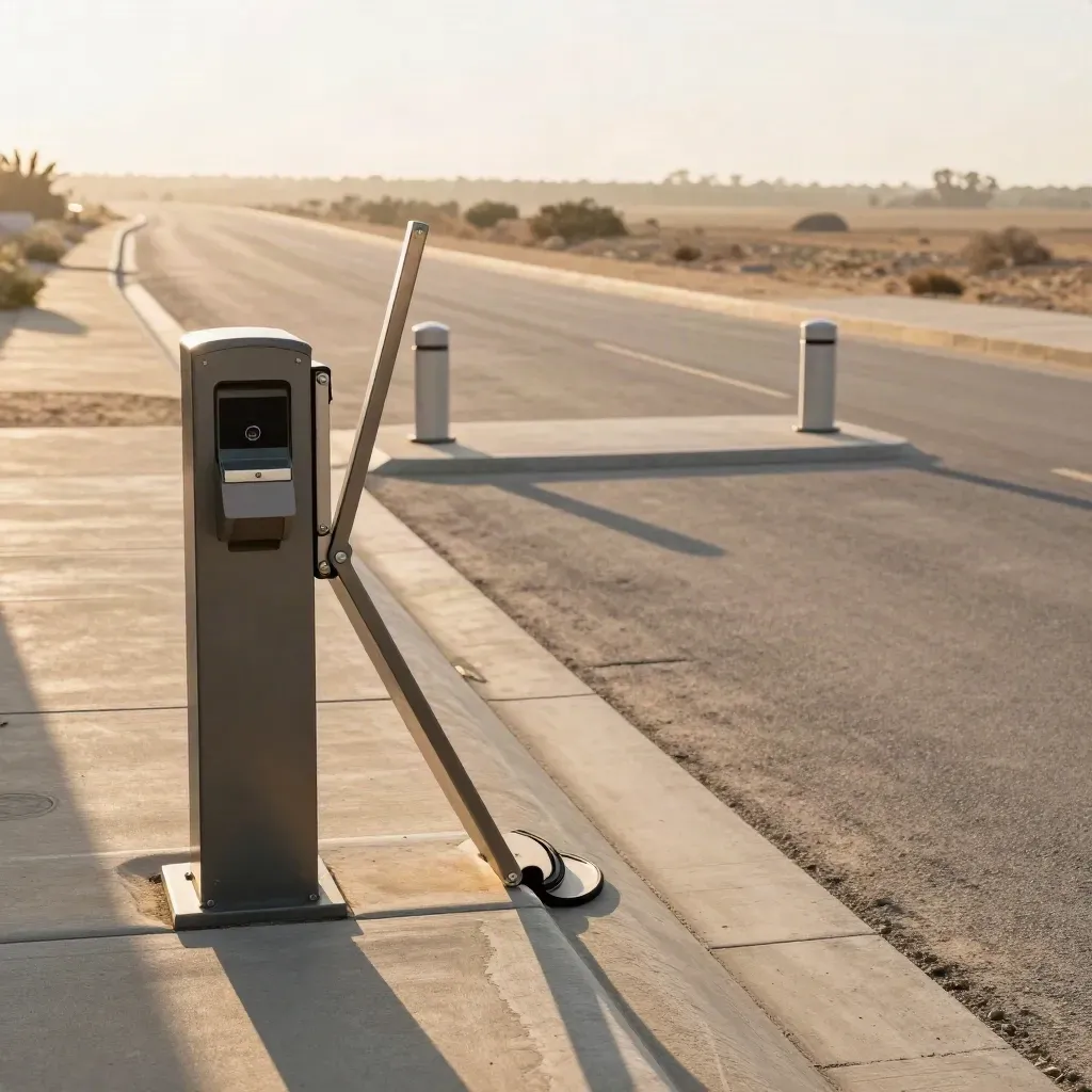 Polished HOA gate lane with reader pedestal, swing arm, and clean entrance islands.
