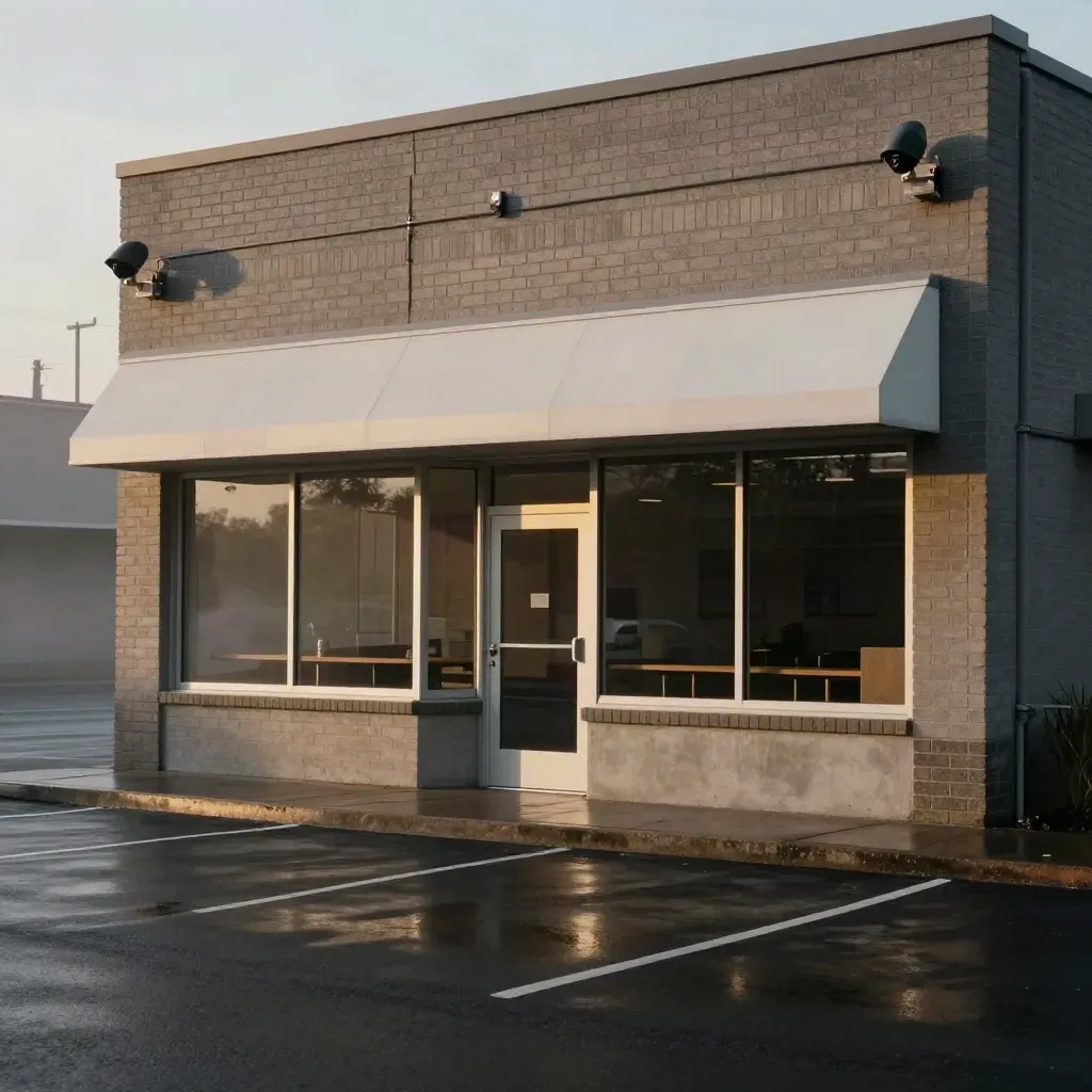 Night storefront with upgraded CCTV, tidy conduit, wet asphalt, and misty security lighting.