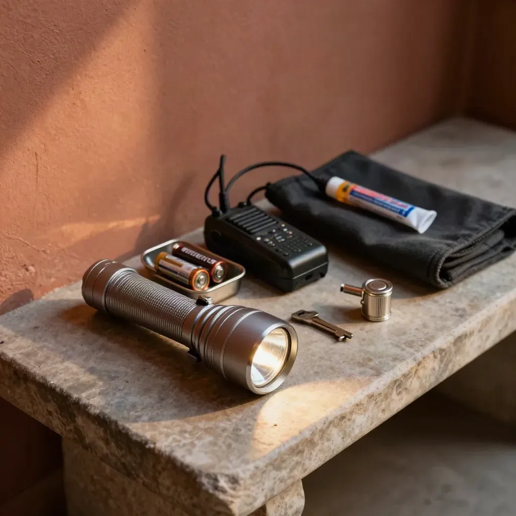 Incident response kit on a stone bench with flashlight, charger, batteries, lock cylinder and key tube.