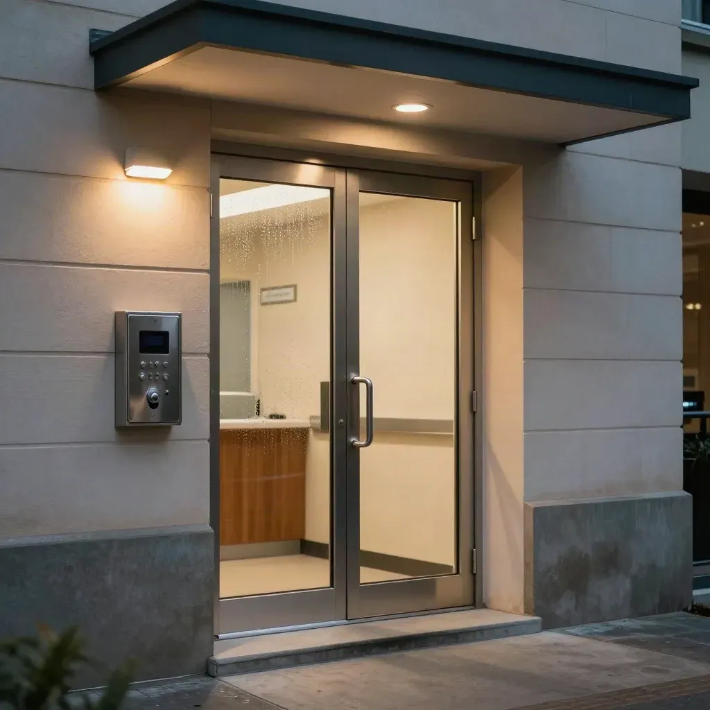Clinic entrance with lit maglock, intercom station, and wall light under a canopy at dusk.