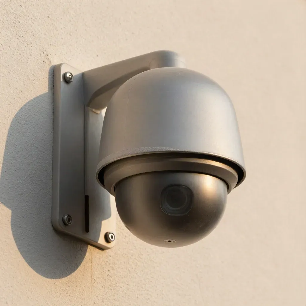 Macro of a weatherproof CCTV dome on plaster, with bracket, cable gland and dust catching hard light.