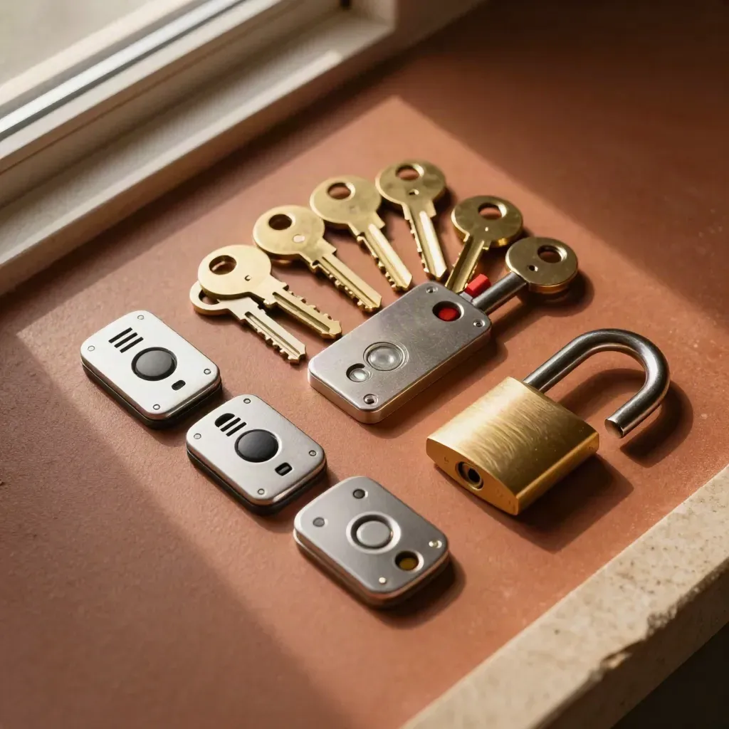 RFID fobs, key cylinders, a maglock plate and reader bezel on terracotta clay.