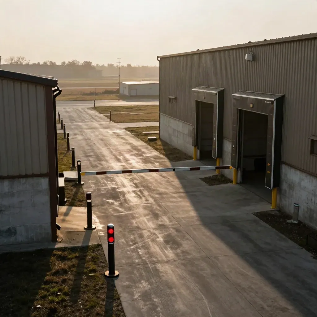 Two warehouse frontages with patrol bollards and a red checkpoint beacon lining a secure yard route.