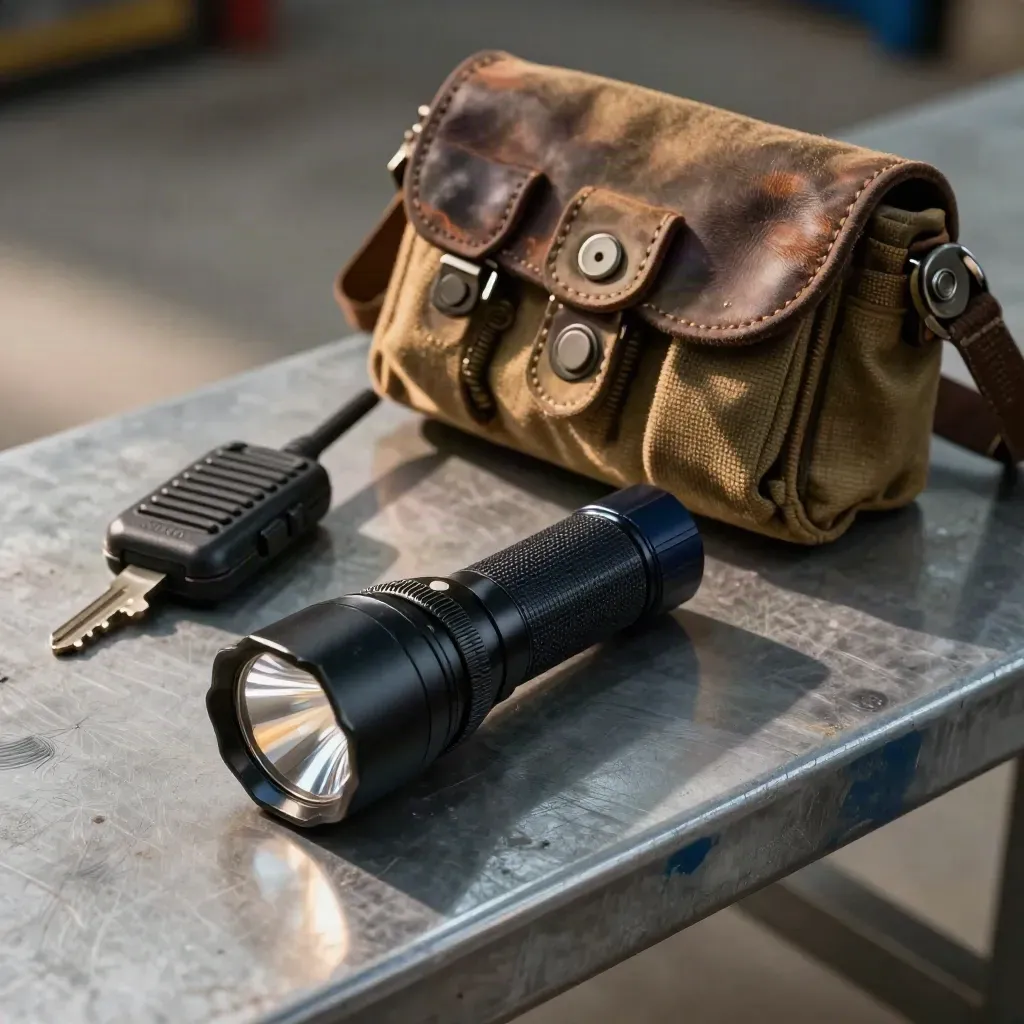 Patrol flashlight, vehicle fob, radio charger, and utility pouch on a steel bench