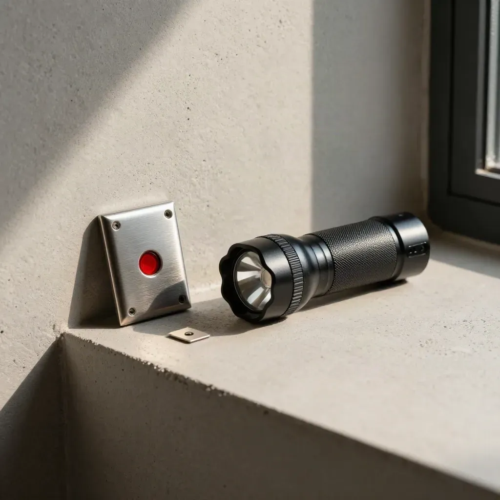 Inspection flashlight, door contact, and corner mount sample on a pale concrete shelf