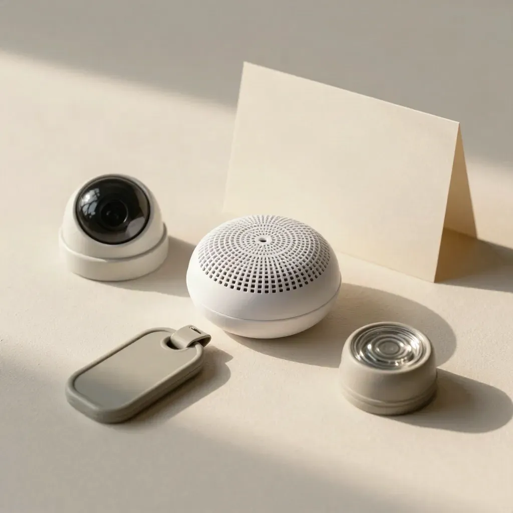 White security devices arranged on a cream plaster sweep with soft daylight