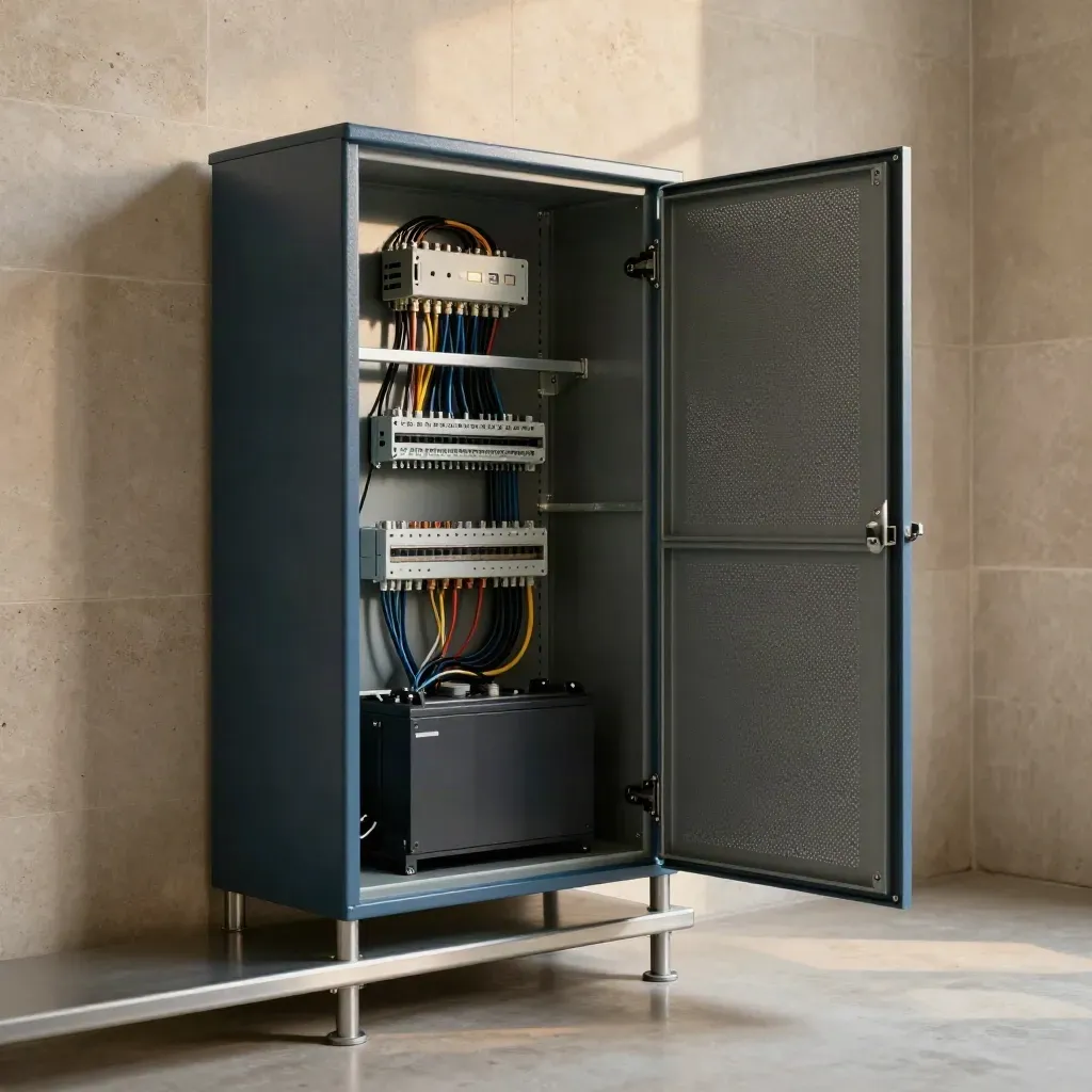 Open control cabinet with neat security wiring, battery backup and connectors in a utility room.