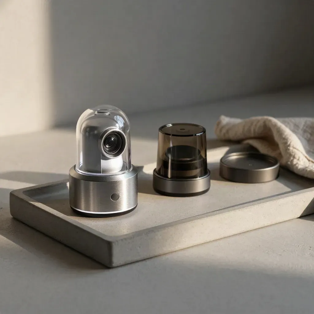 Security sensor, desk beacon, and charging cradle on a stone tray with soft side light.