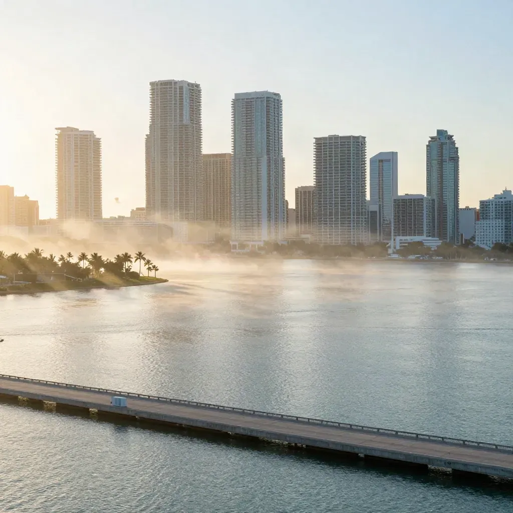 Miami skyline above Biscayne Bay at sunrise with palm fringe and calm open water.