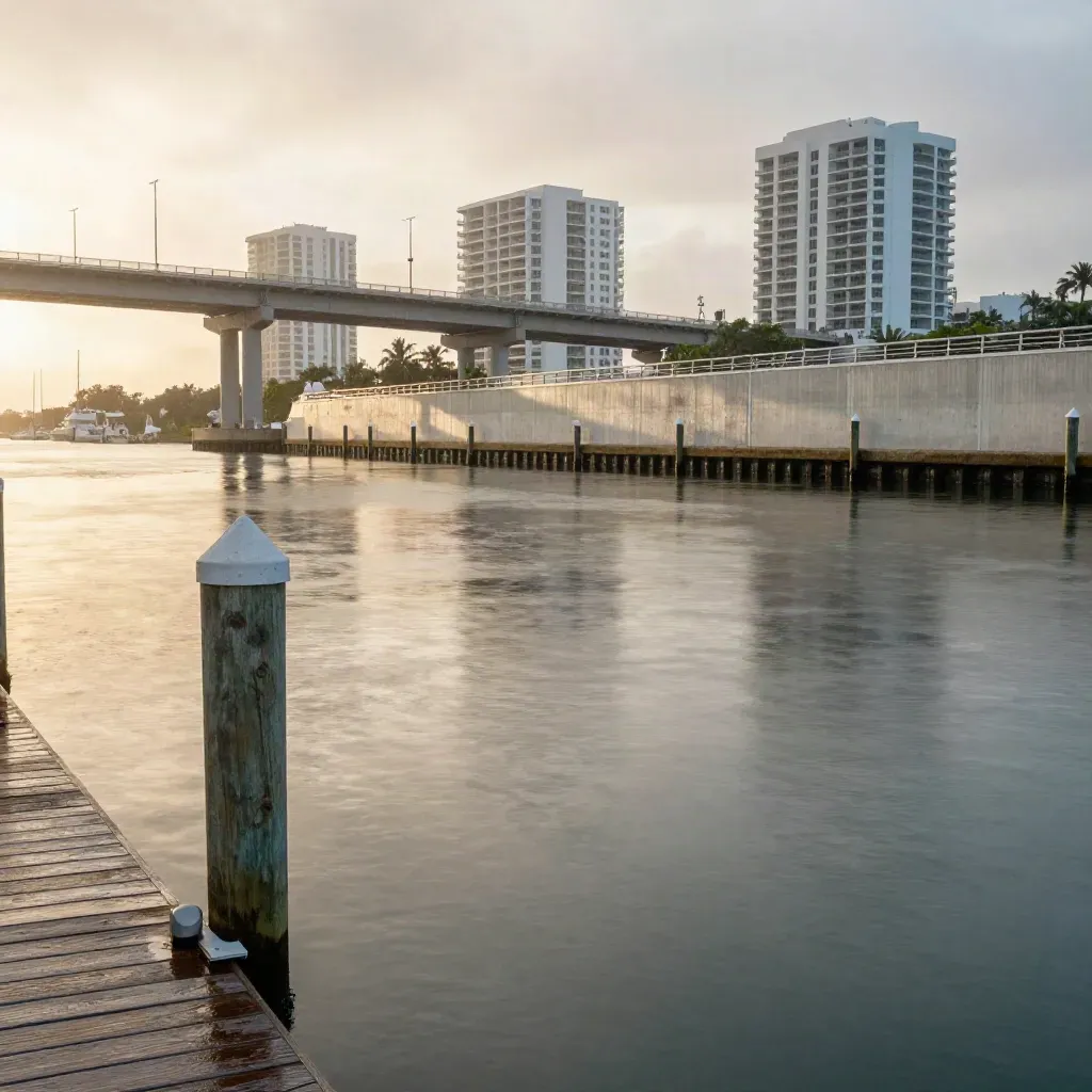 Intracoastal Waterway marina edge with low condo towers in warm post-shower haze and calm harbor water