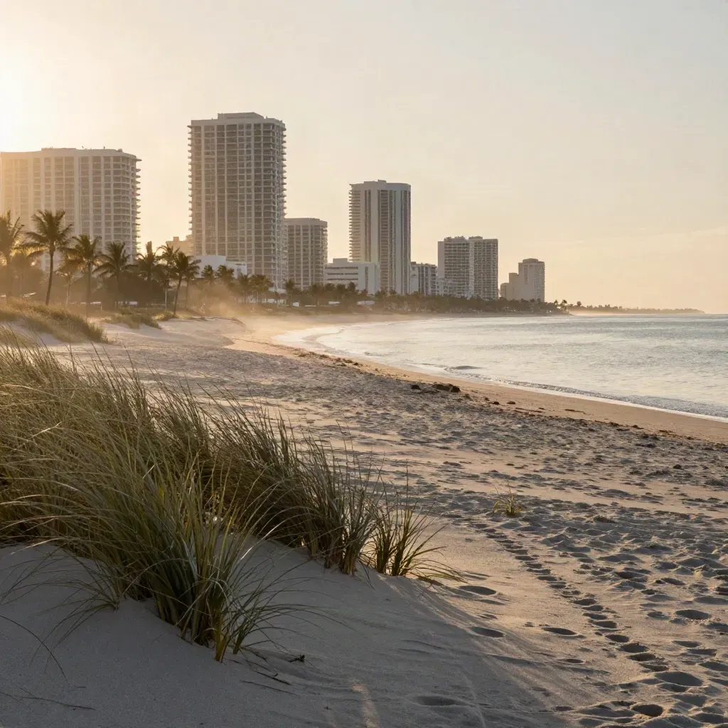 West Palm Beach shoreline at dawn with palms, distant towers, and soft sea haze.
