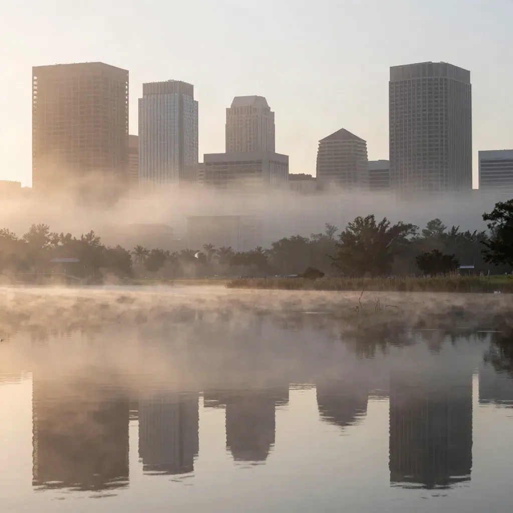 Foggy Lake Eola with Orlando skyline above a calm reflective lake at dawn