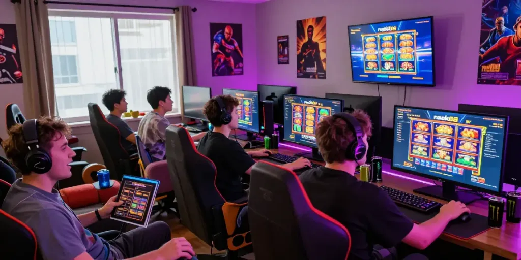 Players immersed in rokok88 slot gaming experience in a colorful, vibrant setting