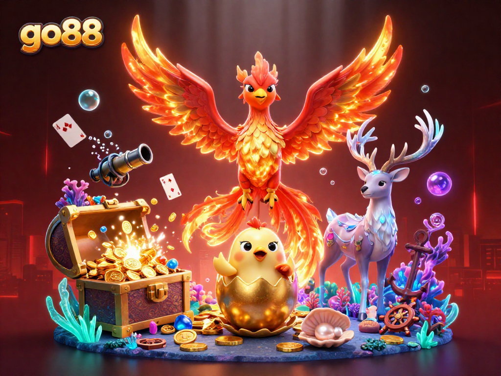 Win big with exciting games at go88, featuring vibrant scenes of phoenixes and casino treasures.