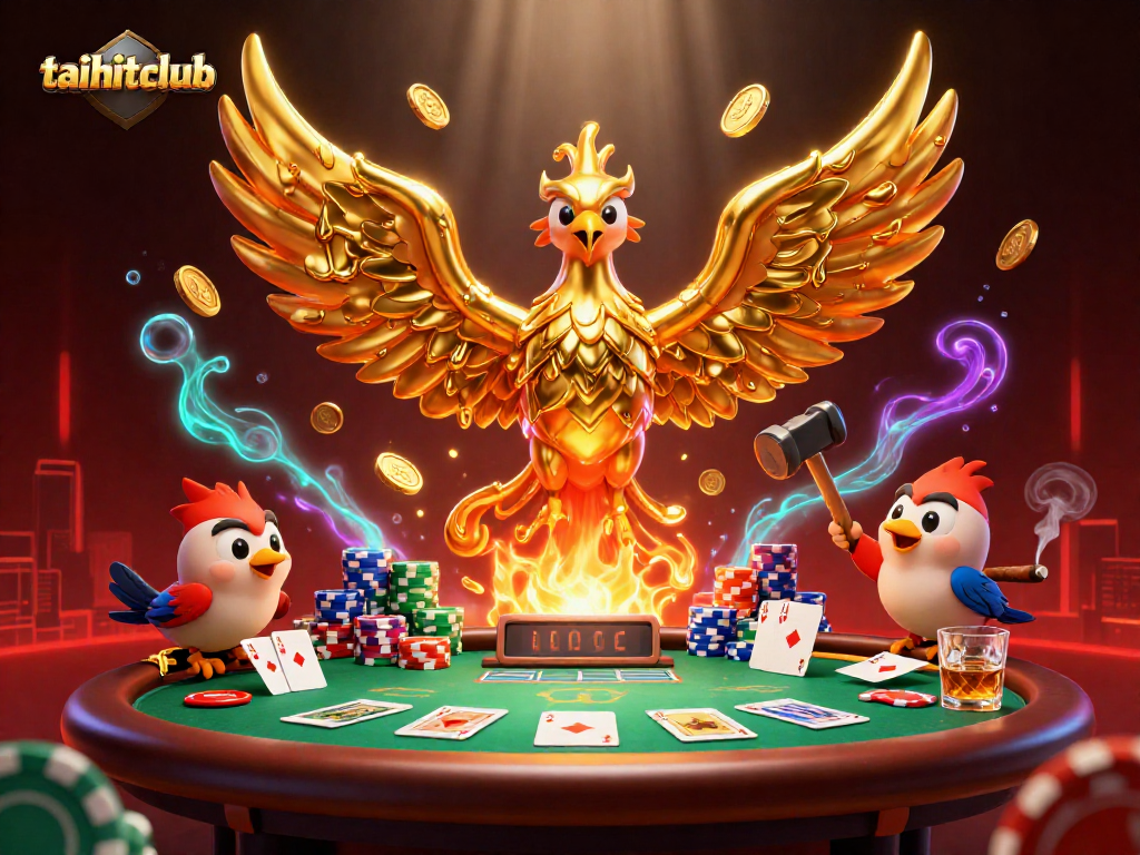 Experience the excitement of taihitclub with vibrant casino visuals featuring a molten phoenix and poker elements.