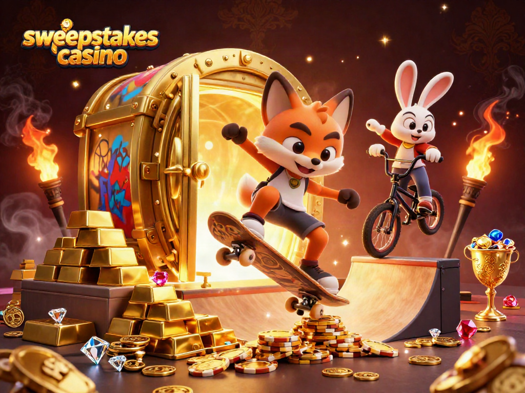 Experience the thrill of sweepstakes casino with dynamic 3D characters and animated gambling elements.