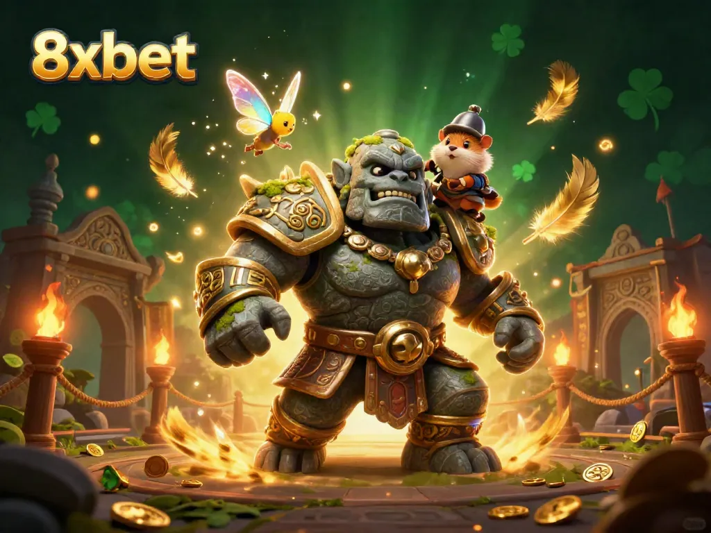 Engage with the energetic scene of 8xbet featuring a mystical golem, a fairy, and a hamster knight surrounded by vibrant casino elements.