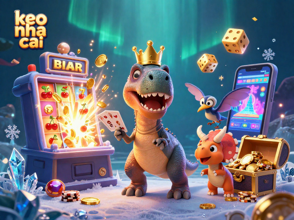 Engage with keo nha cai as a playful T-Rex and friends explore a vibrant casino world.