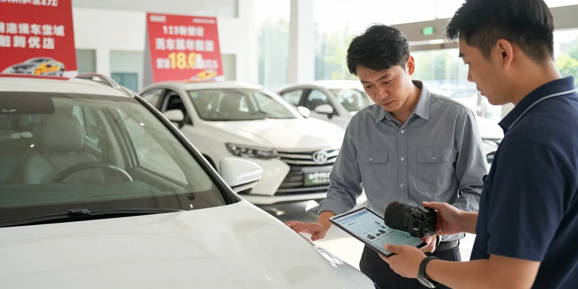 Verify a used car's history with a mechanic at a dealership, showcasing vehicle inspection and assurance.