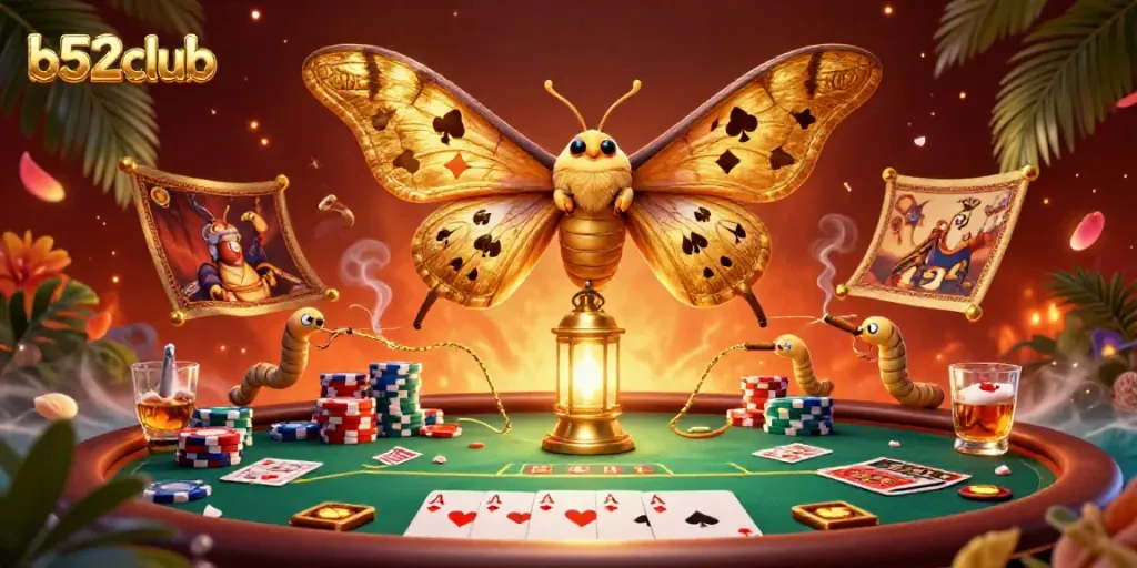 Join the vibrant gaming action at b52club with a majestic scene featuring a golden moth surrounded by casino elements.