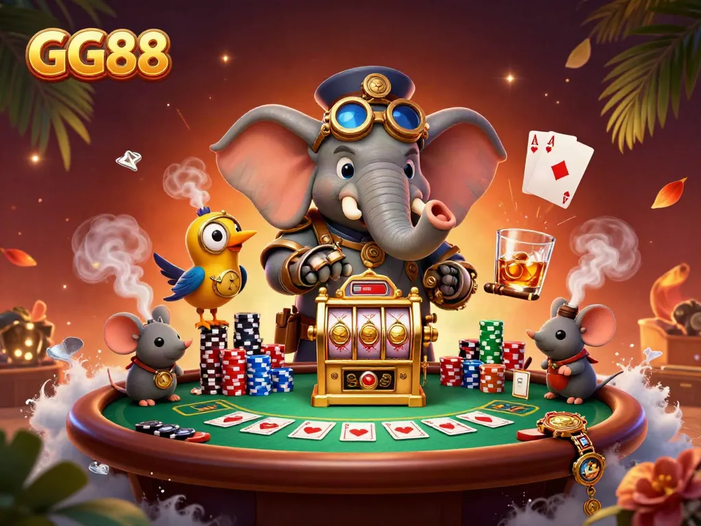 Experience the excitement of GG88's online casino with a dynamic scene featuring steampunk characters and vibrant gaming elements.