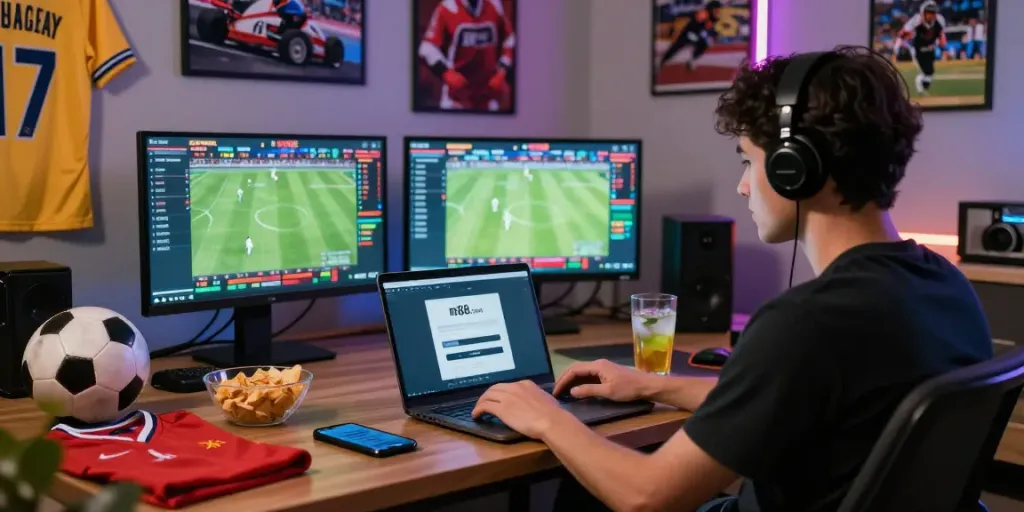 Online sports betting with m88.com login alternatif on a laptop in a cozy living room.