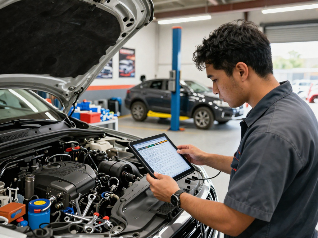 Detailed automotive garage scene highlighting the importance of a cheap Carfax check for vehicle inspections.