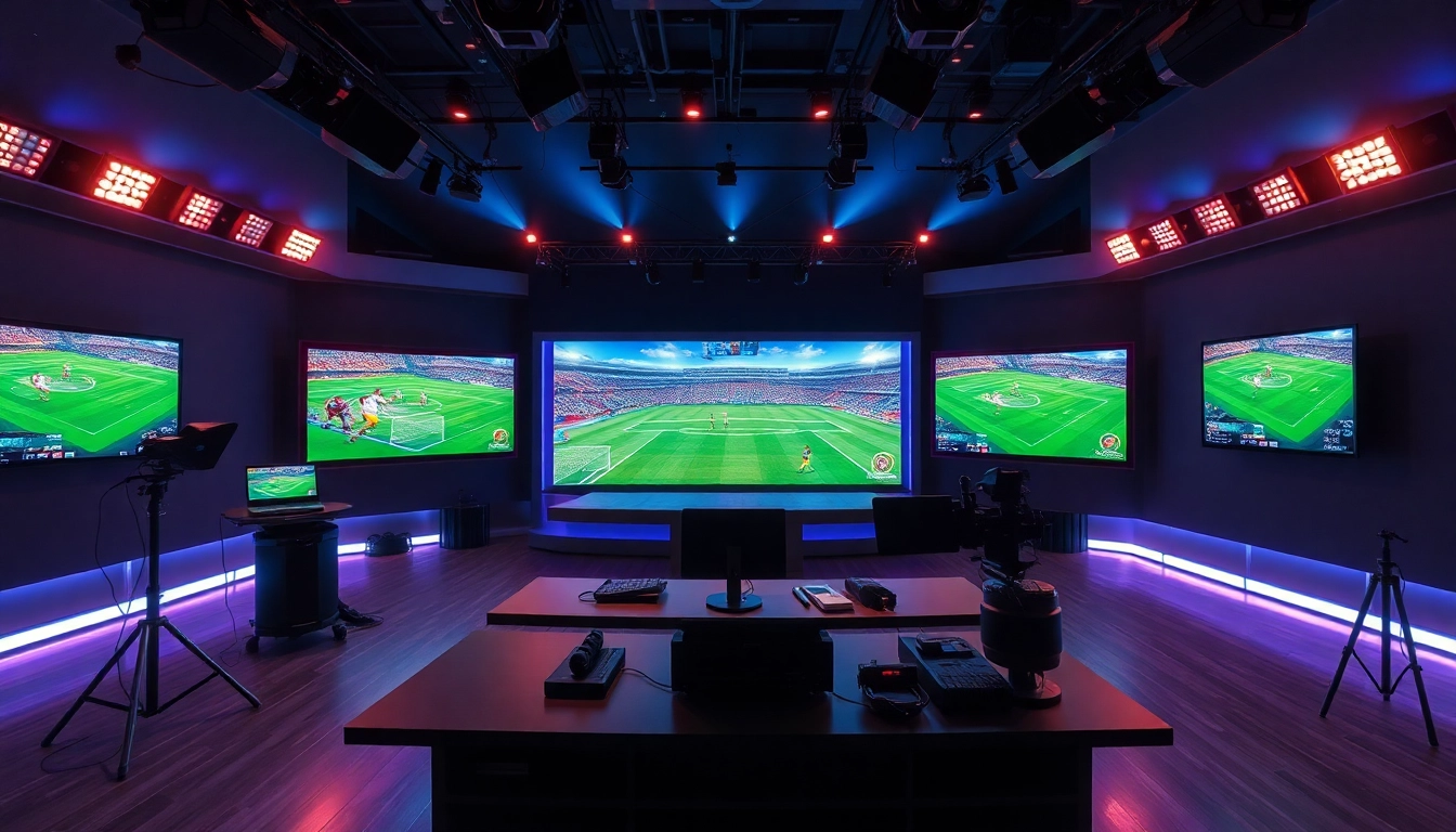 Captivating sports broadcasting scene showcasing modern technology and vibrant energy.